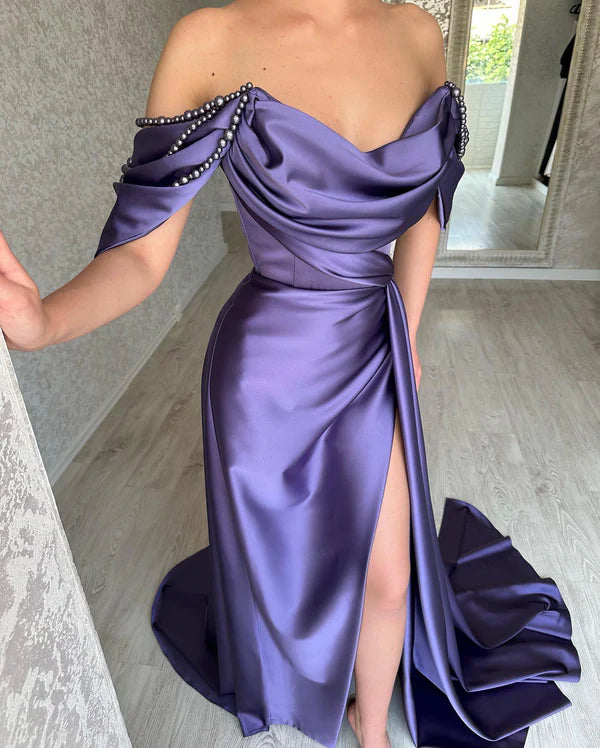 Luolandi Elegant Purple A-line Off Shoulder Long Evening Party Dress Sexy Prom Dress With Slit