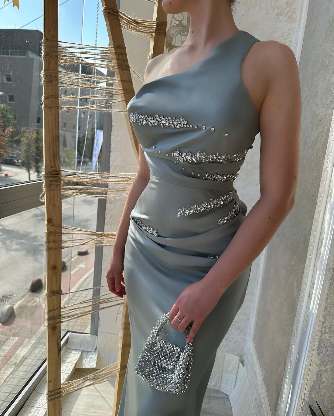 Luolandi Silver rhinestone mermaid sleeveless long evening dress Elegant Party Dress