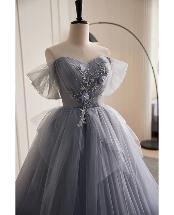 Luolandi Unique and beautiful silver gray beaded pearl sequins off the shoulder sleeveless decal pleated ball dress A-shaped thin gauze pong truffle back strap and ground length prom dress