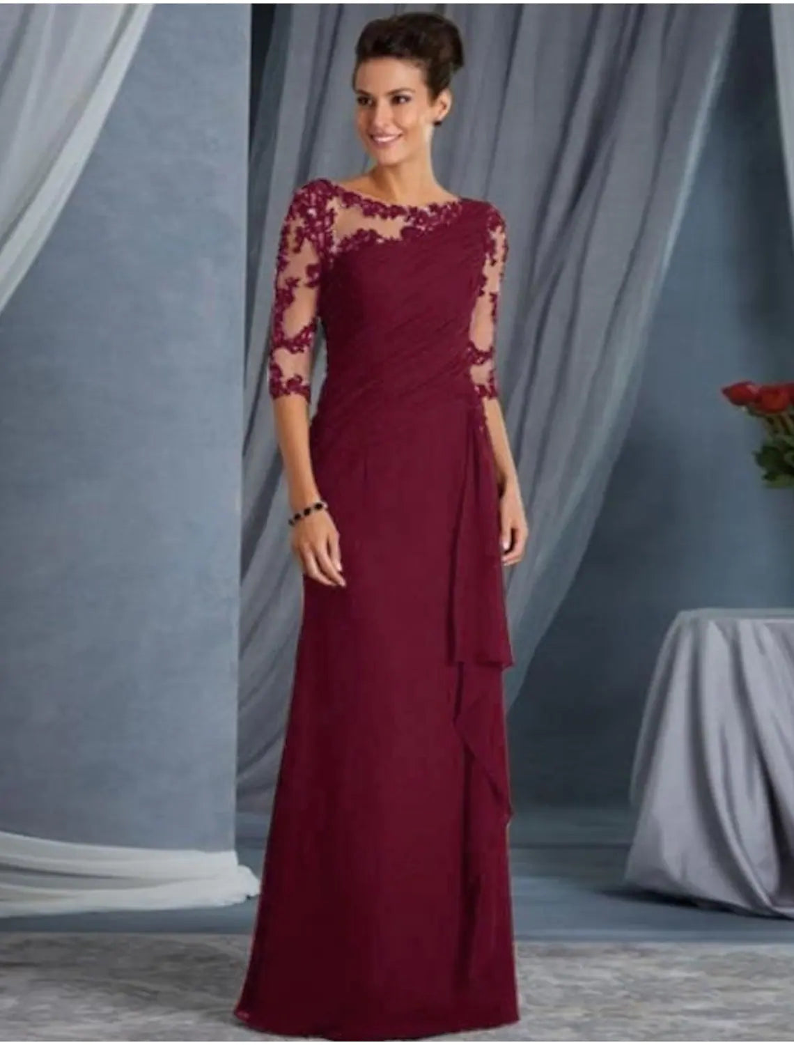 Luolandi Sheath / Column Evening Gown Elegant Dress Wedding Guest Floor Length Half Sleeve Jewel Neck Lace