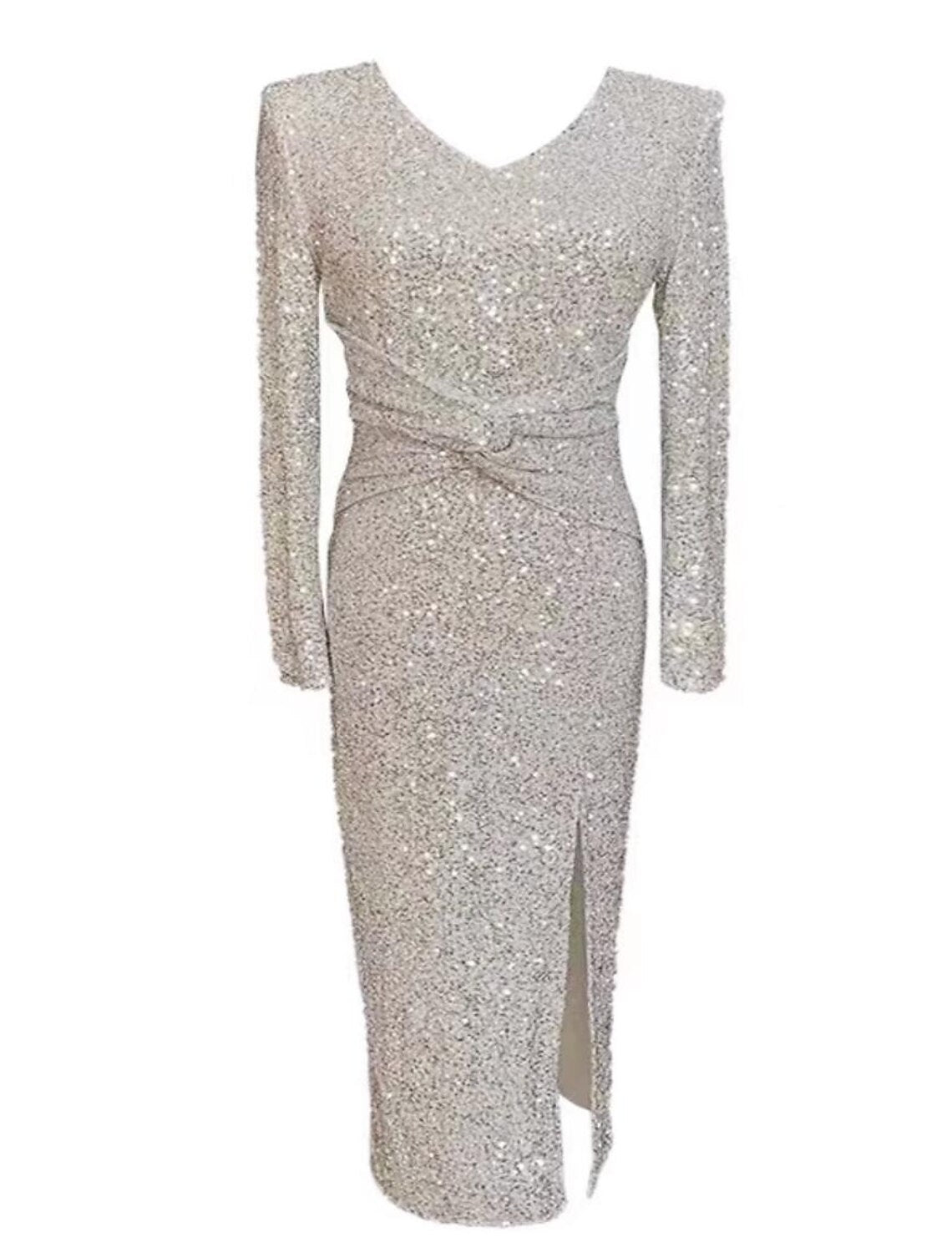 Luolandi Sheath / Column Homecoming Dresses Sparkle & Shine Dress Party Wear Tea Length Long Sleeve V Neck Sequined with Sequin