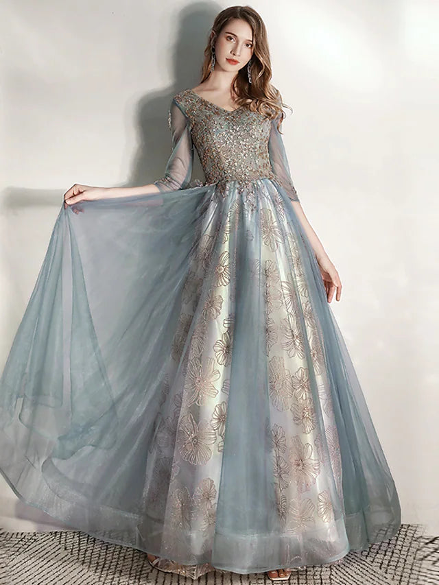 Luolandi A-Line Prom Dresses Elegant Dress Engagement Floor Length Half Sleeve V Neck Tulle with Pleats Pattern / Print