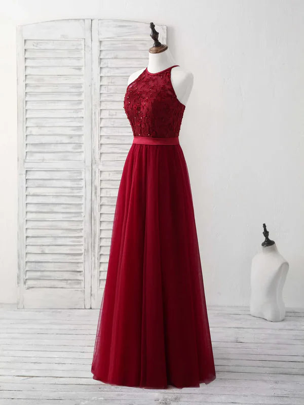 Luolandi Burgundy Tulle Lace Long Prom Dress Halterneck Bridesmaid Dress with Appliques