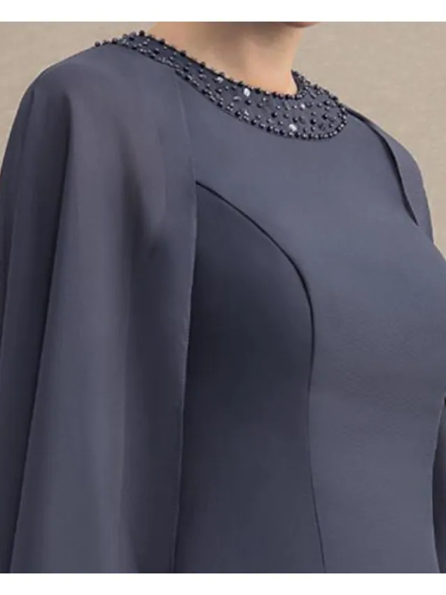 Luolandi Mother of the Bride Dress Elegant Jewel Neck Knee Length Chiffon Sleeveless with Beading Pure Color