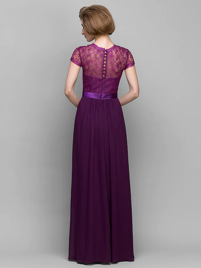 Luolandi A-Line Mother of the Bride Dress Square Neck Floor Length Chiffon Lace Short Sleeve with Lace Grape