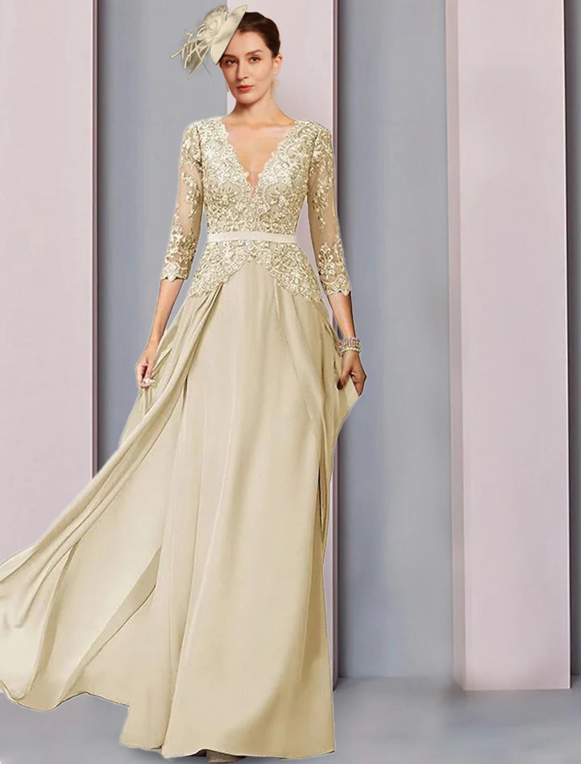 Luolandi A-Line Mother of the Bride Dress Wedding Guest Elegant V Neck Floor Length Chiffon Half Sleeve with Lace