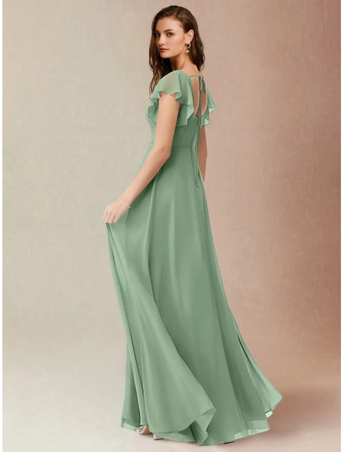 Luolandi A-Line Bridesmaid Dress Square Neck Short Sleeve Elegant Floor Length Chiffon with Split Front