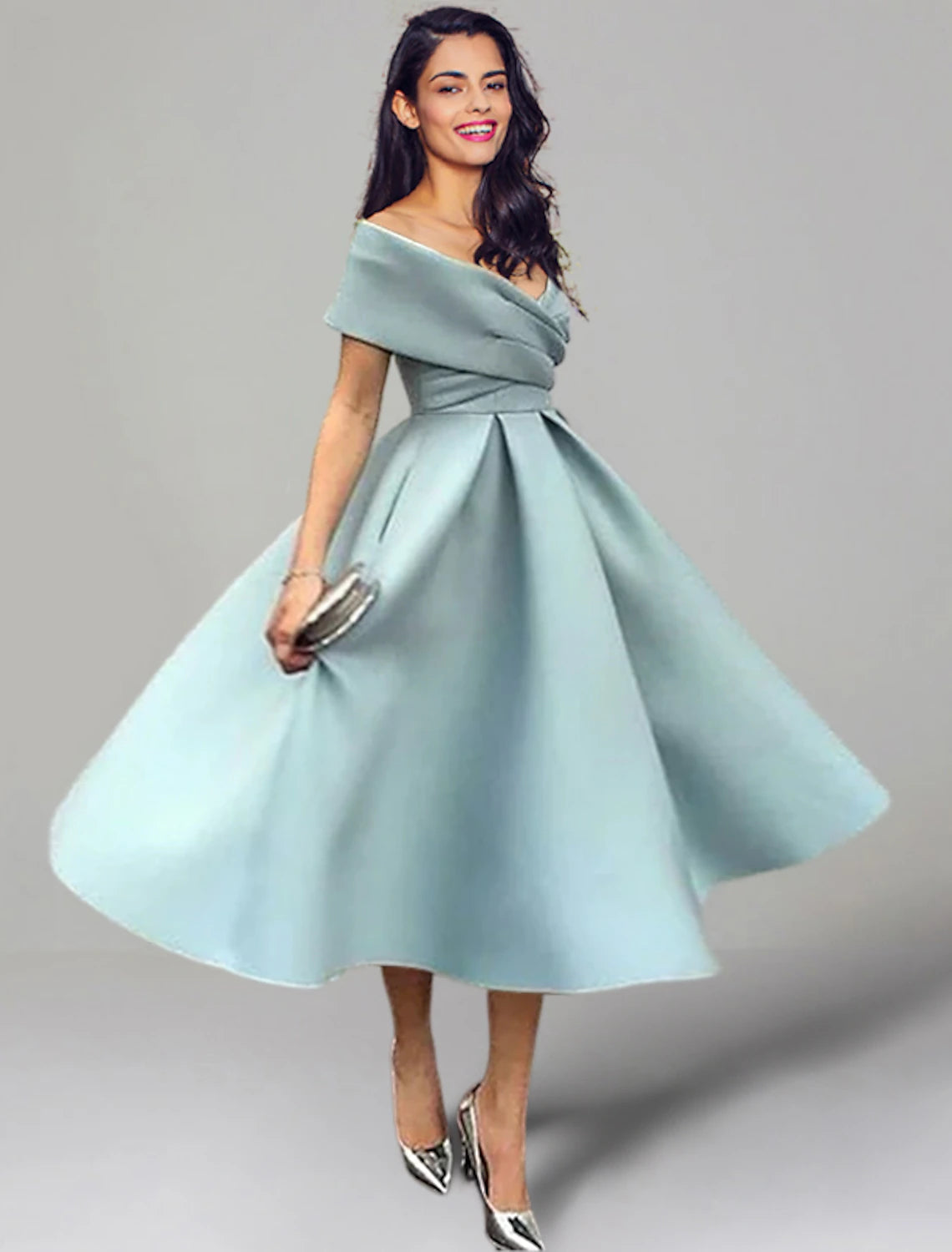 Luolandi A-Line Wedding Guest Dresses 1950s Dress Summer Tea Length Sleeveless Off Shoulder Satin