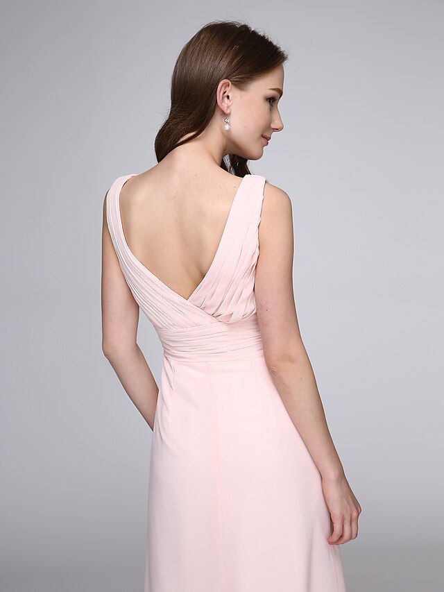 Luolandi Sheath / Column Bridesmaid Dress V Neck Sleeveless Elegant Floor Length Chiffon with Criss Cross