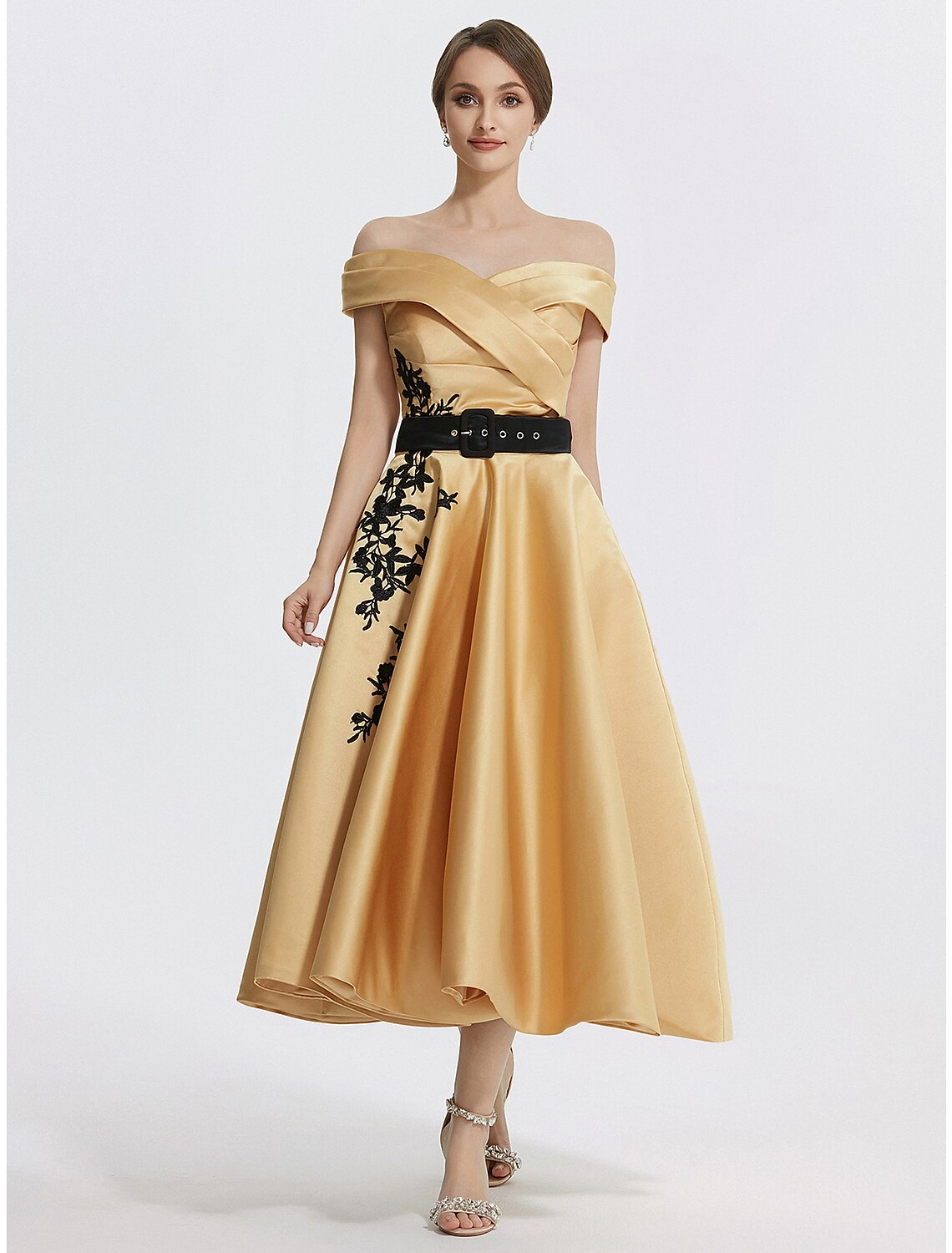 Luolandi A-Line Cocktail Dresses Elegant Dress Formal Prom Tea Length Sleeveless Off Shoulder Satin