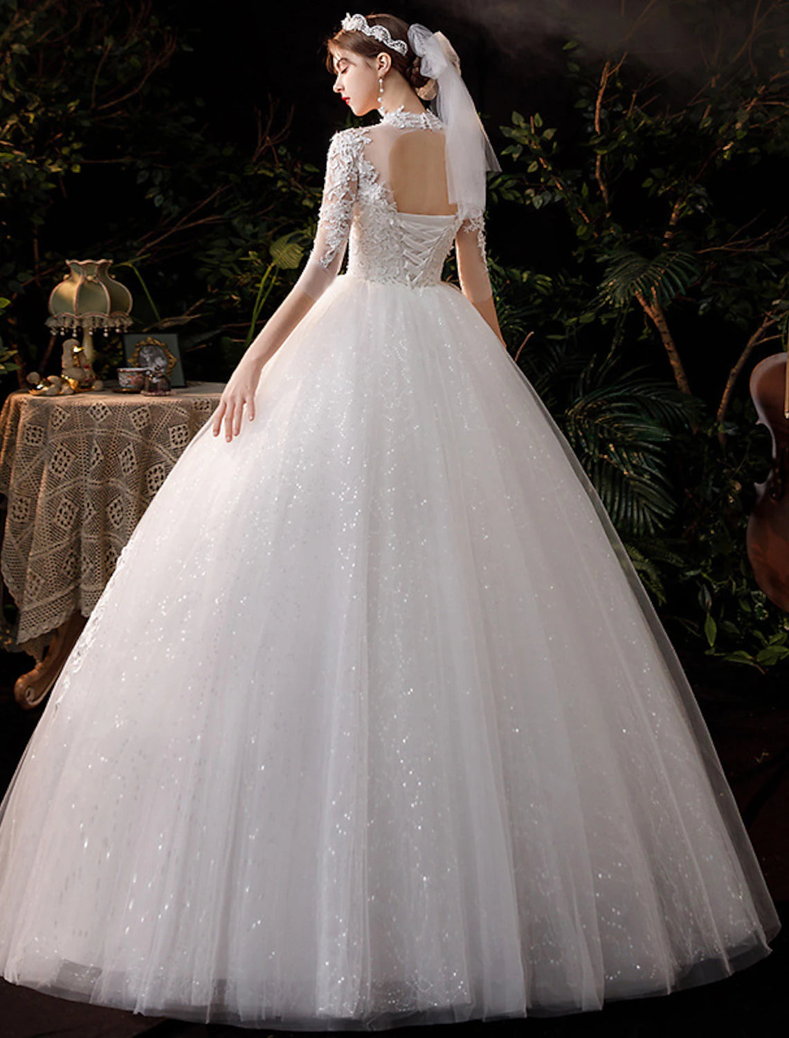 Luolandi Reception Wedding Dresses Ball Gown High Neck Half Sleeve Floor Length Lace Bridal Gowns