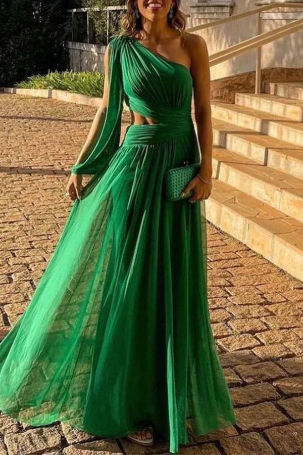 Luolandi Sexy formal attire solid color patchwork diagonal collar evening dress Green