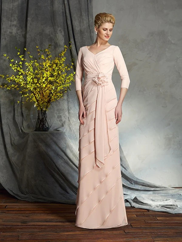 Luolandi Sheath/Column V-neck Hand-Made Flower 3/4 Sleeves Long Chiffon Mother of the Bride Dresses Floor Length