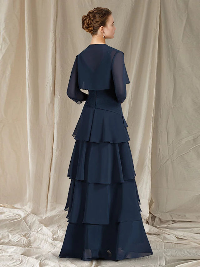 Luolandi Two Piece A-Line Mother of the Bride Dress Elegant High Low V Neck Asymmetrical Floor Length Chiffon Short Sleeve Wrap Included