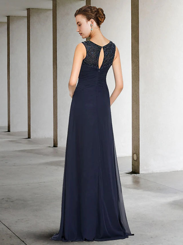 Luolandi A-Line Mother of the Bride Dress Elegant Jewel Neck Floor Length Chiffon Sleeveless with Beading