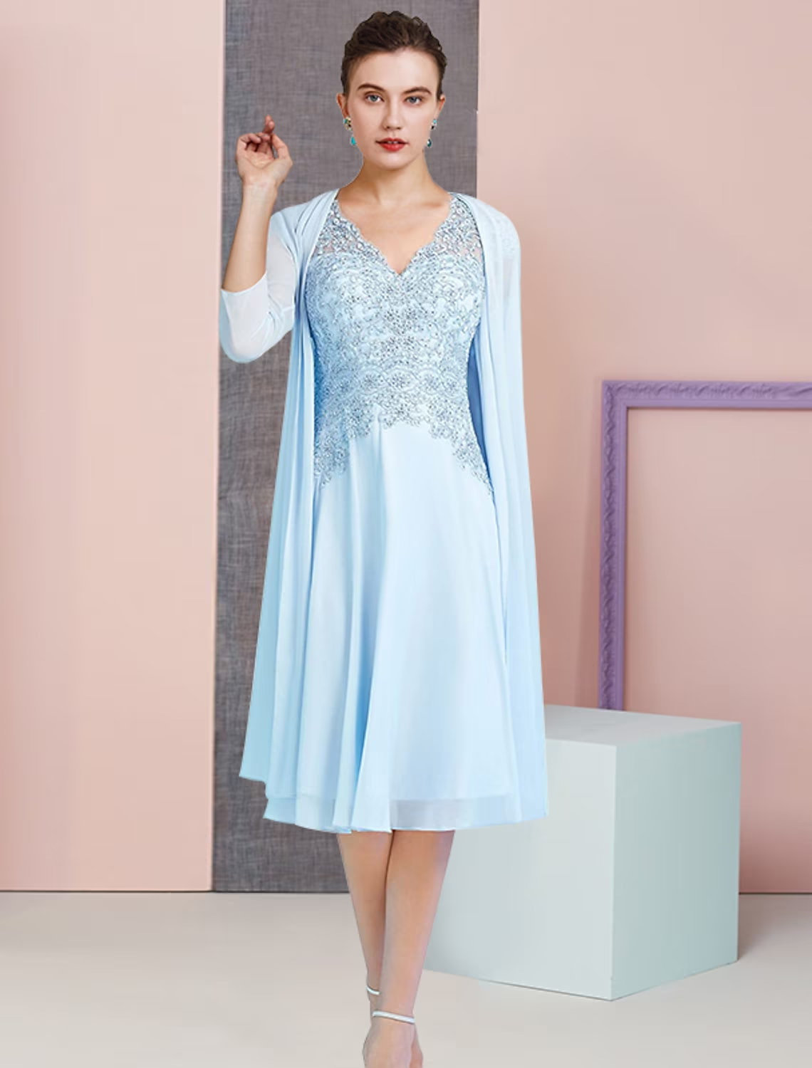 Luolandi A-Line Mother of the Bride Dress Formal Wedding Guest Vintage Elegant V Neck Knee Length Chiffon Lace 3/4 Length Sleeve Jacket Dresses with Appliques