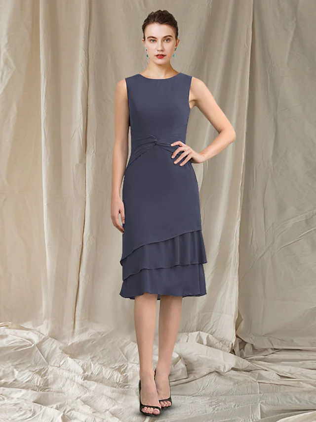 Luolandi Two Piece A-Line Mother of the Bride Dress Elegant Wrap Included Jewel Neck Knee Length Chiffon Sleeveless