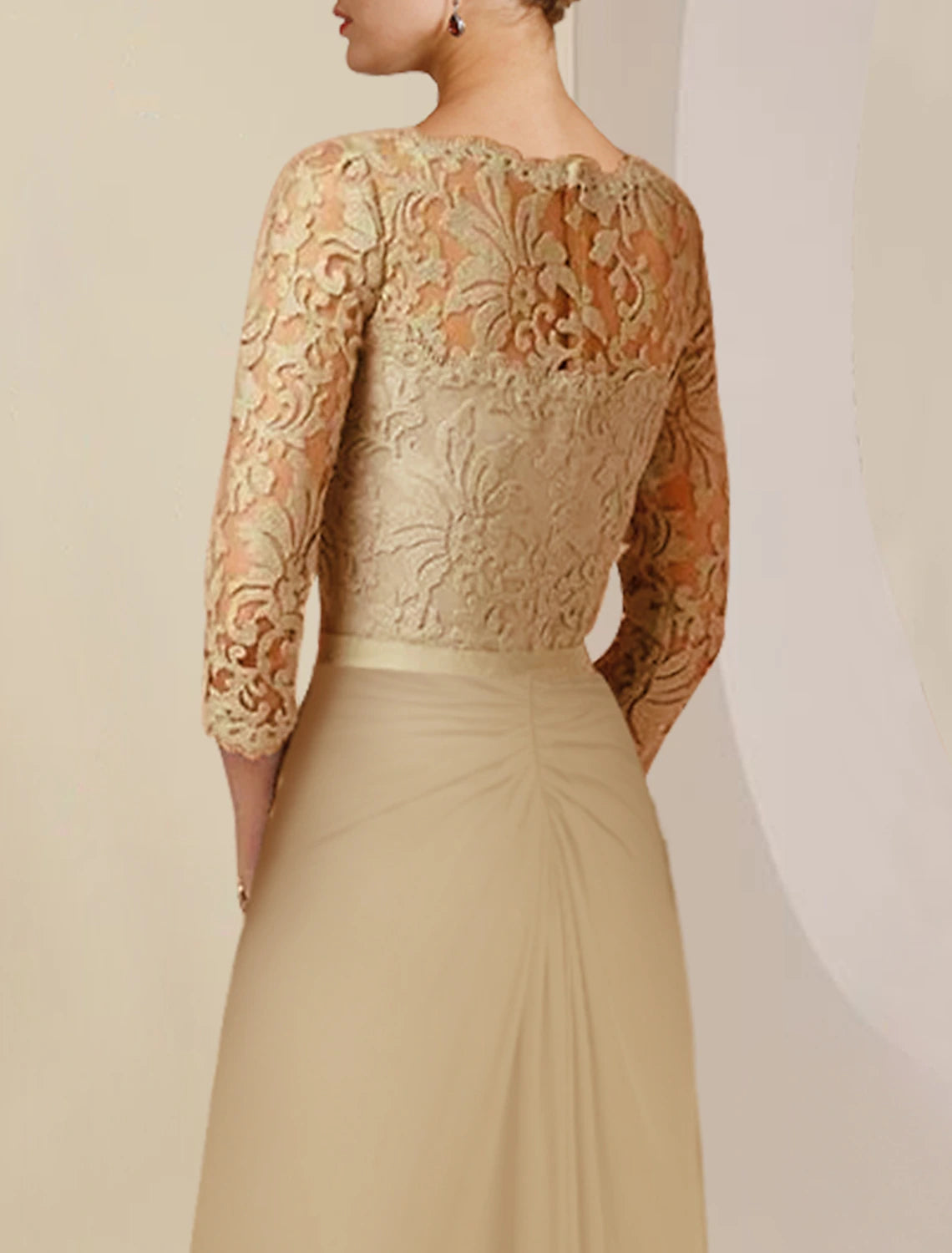 Luolandi Sheath / Column Mother of the Bride Dress Formal Wedding Guest Party Elegant Scoop Neck Floor Length Chiffon Lace 3/4 Length Sleeve