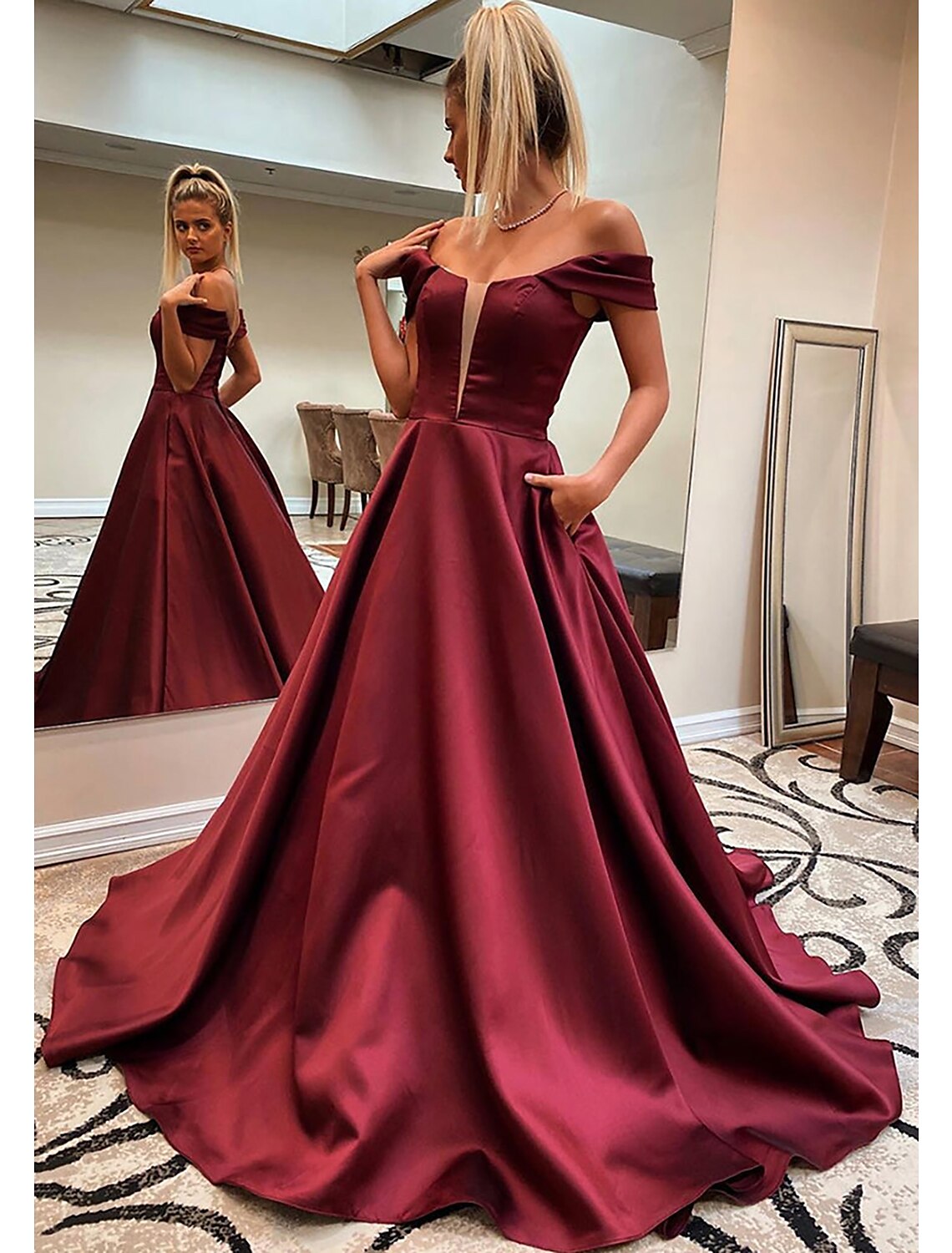 Luolandi A-Line Prom Dresses Princess Dress Formal Sweep / Brush Train Sleeveless Off Shoulder Satin Backless