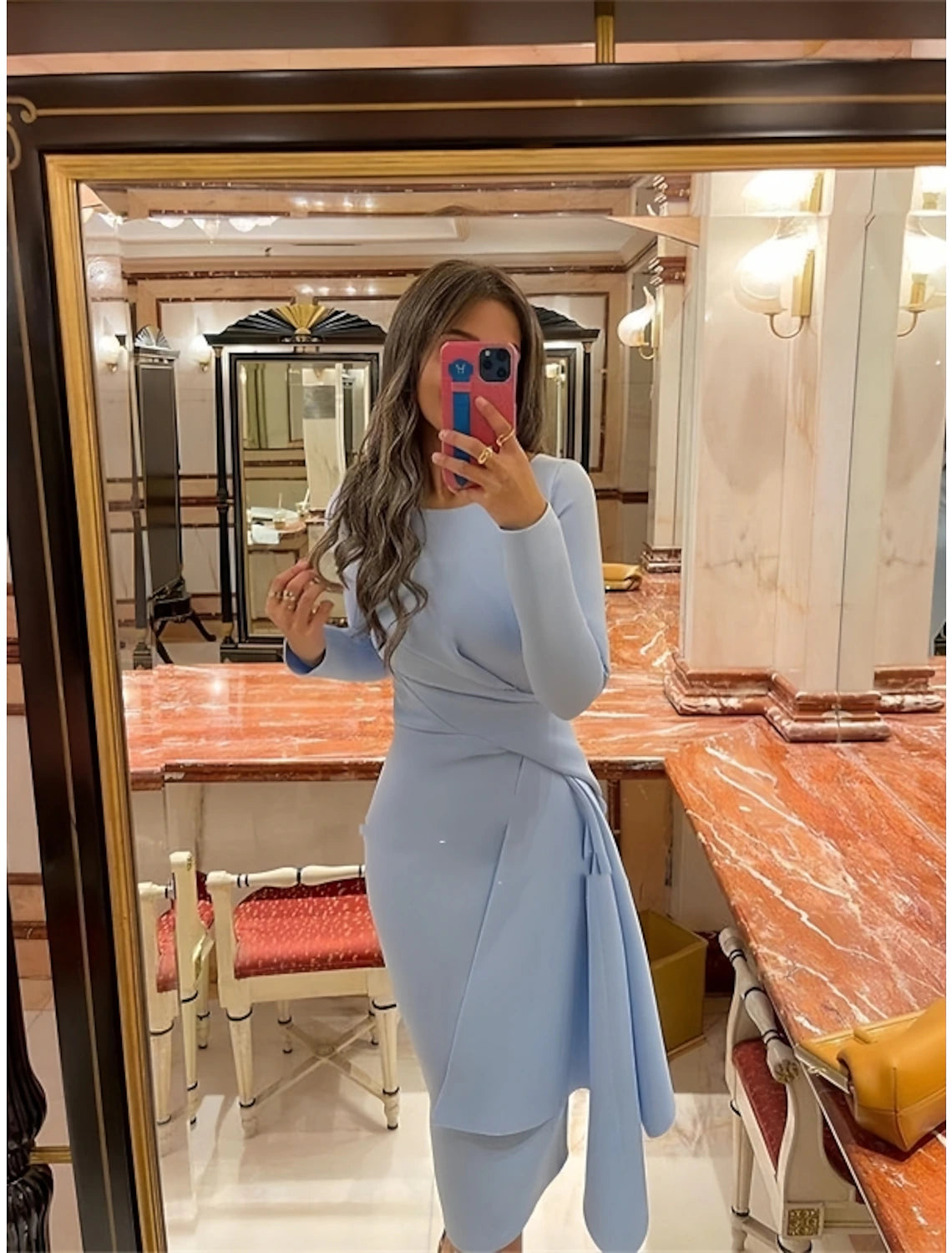 Luolandi Sheath / Column Cocktail Dresses Elegant Dress Formal Fall Knee Length Long Sleeve Jewel Neck Fabric with Pleats