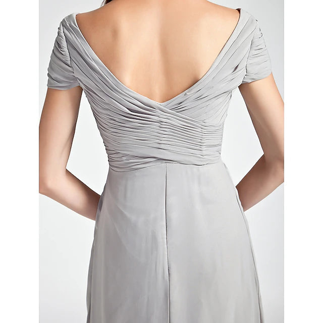 Luolandi Sheath / Column Bridesmaid Dress V Neck / Off Shoulder Short Sleeve Open Back Floor Length Chiffon with Criss Cross
