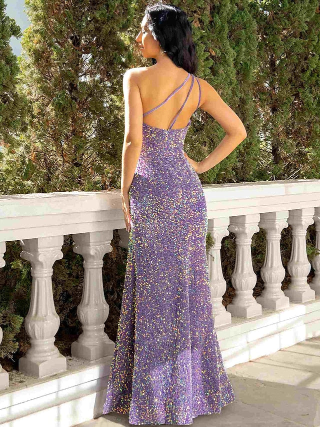Luolandi Sheath / Column Prom Dresses Sparkle & Shine Dress Party Wear Floor Length Sleeveless One Shoulder Sequined