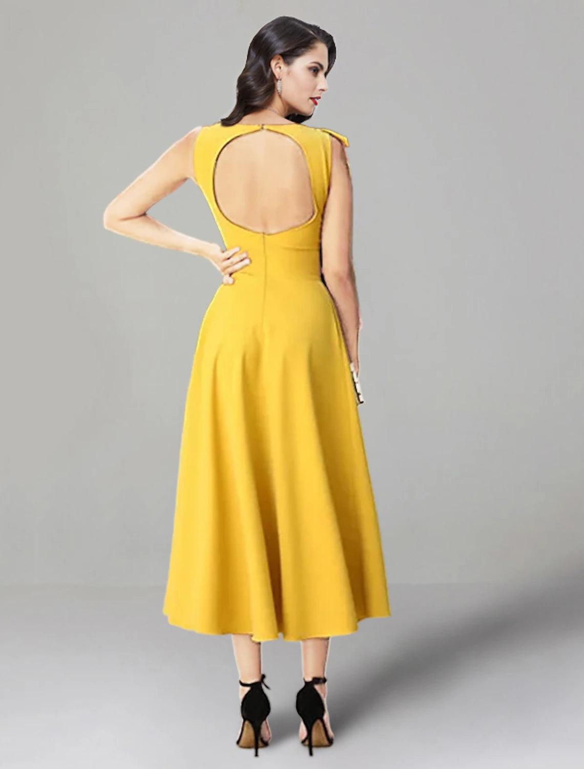 Luolandi A-Line Wedding Guest Dresses Backless Dress Summer Tea Length Sleeveless Jewel Neck Fabric