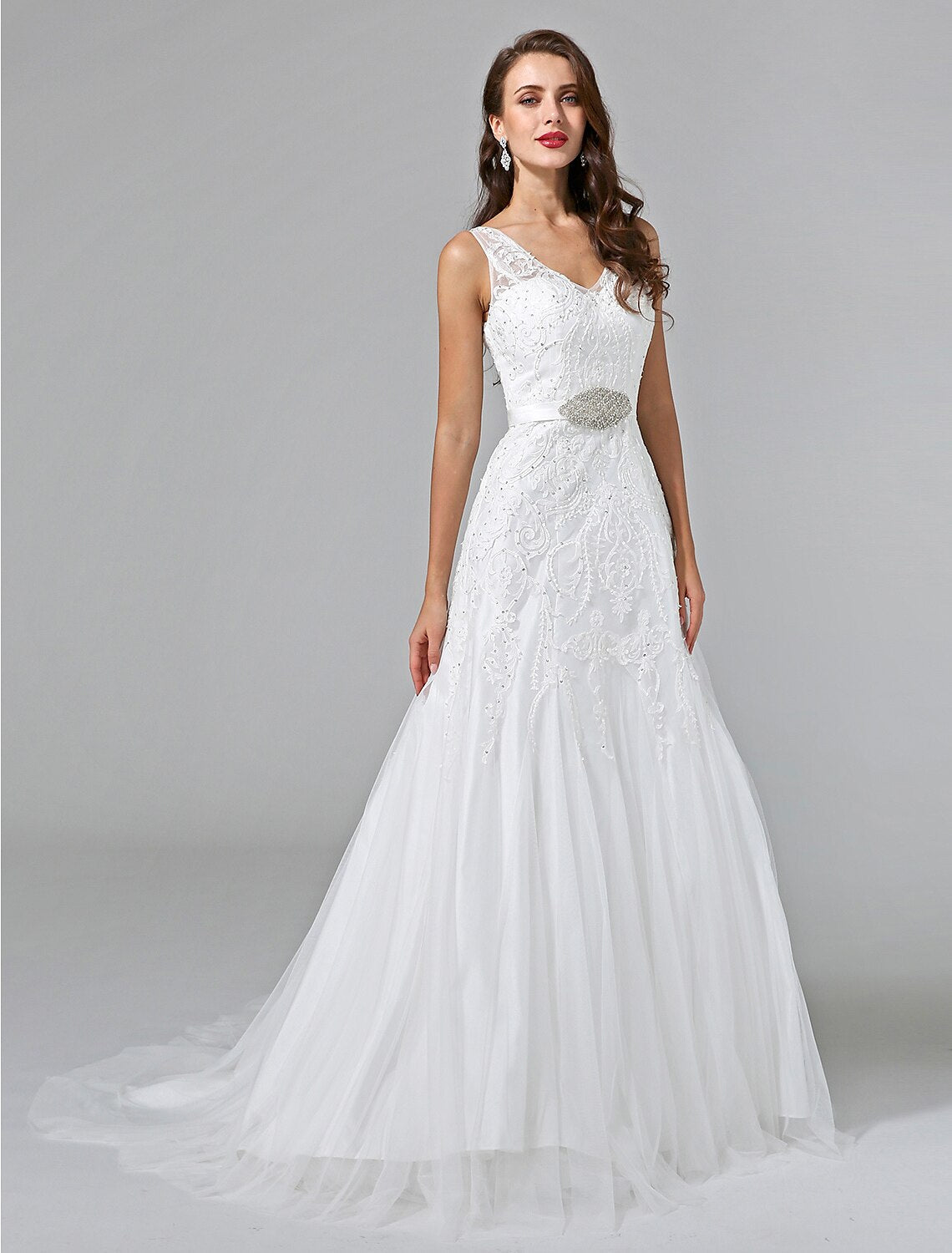 Luolandi Wedding Dresses A-Line V Neck Sleeveless Court Train Lace Bridal Gowns With Sash Beading