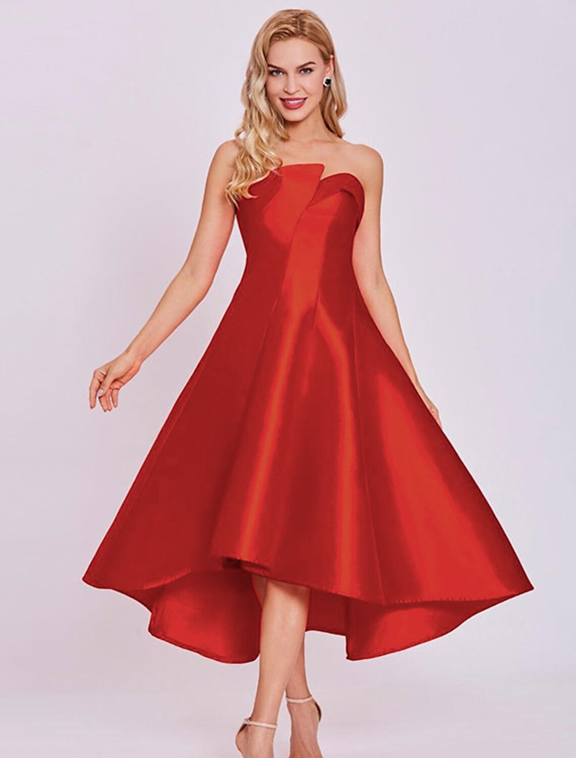 Luolandi A-Line Cocktail Dresses Minimalist Dress Homecoming Wedding Guest Tea Length Sleeveless Strapless Satin
