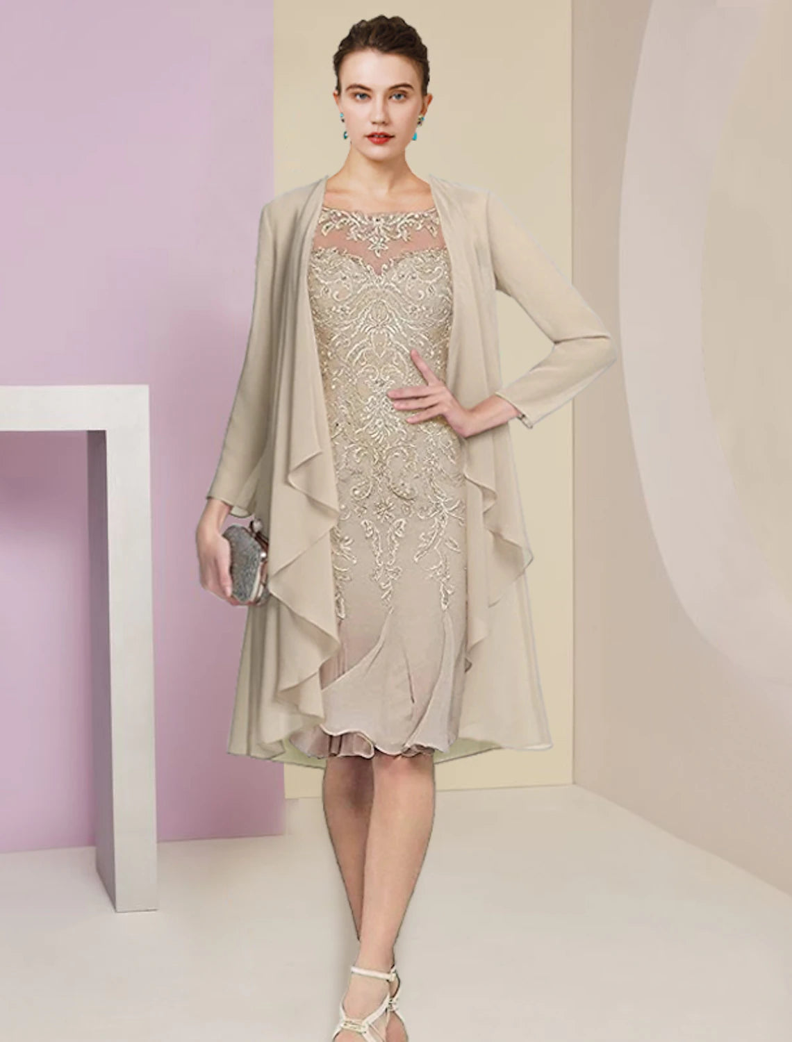 Luolandi Two Piece Mermaid / Trumpet Mother of the Bride Dress Formal Wedding Guest Vintage Elegant Scoop Neck Knee Length Chiffon Lace Half Sleeve Jacket Dresses