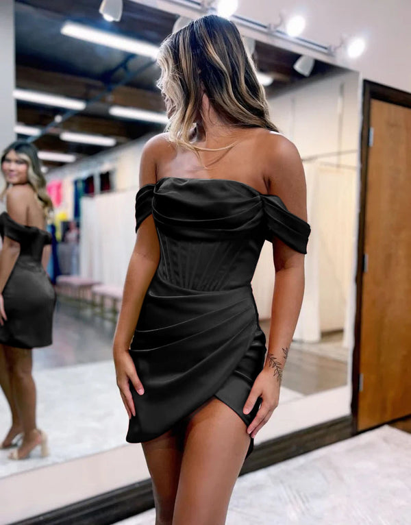Luolandi Red Satin Off The Shoulder Short Homecoming Dress Sexy Party Dress