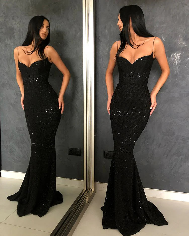 Luolandi Black Sheath Spaghetti Straps Open Back Sequins Prom Dress Sparkly Sexy Evening Dress