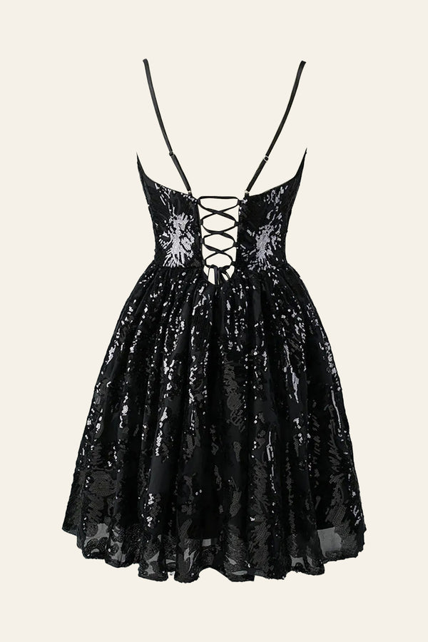 Luolandi A-line Spaghetti Straps V Neck Lace Homecoming Dress Sparkly Party Dress