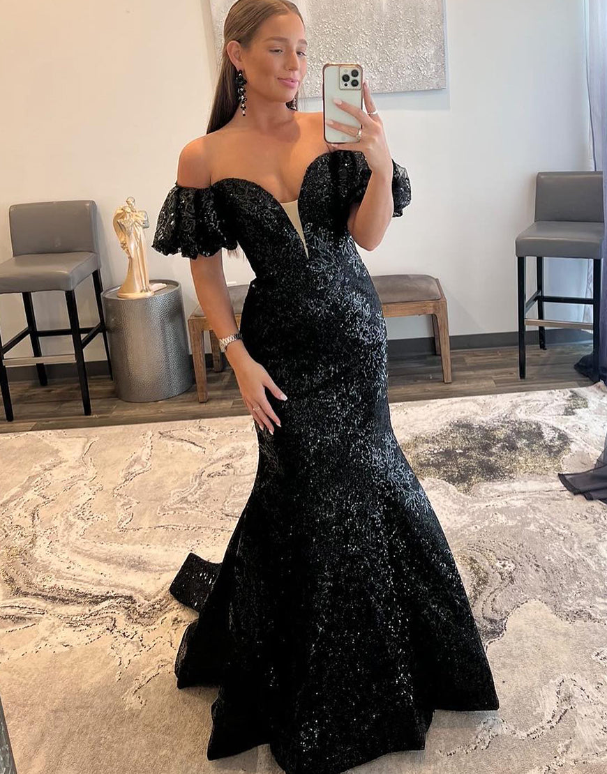 Luolandi Off the Shoulder Black Lace Mermaid Prom Dress V-neck Floor Length Sexy Sparkly Evening Dress