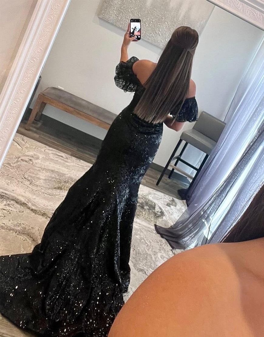 Luolandi Off the Shoulder Black Lace Mermaid Prom Dress V-neck Floor Length Sexy Sparkly Evening Dress