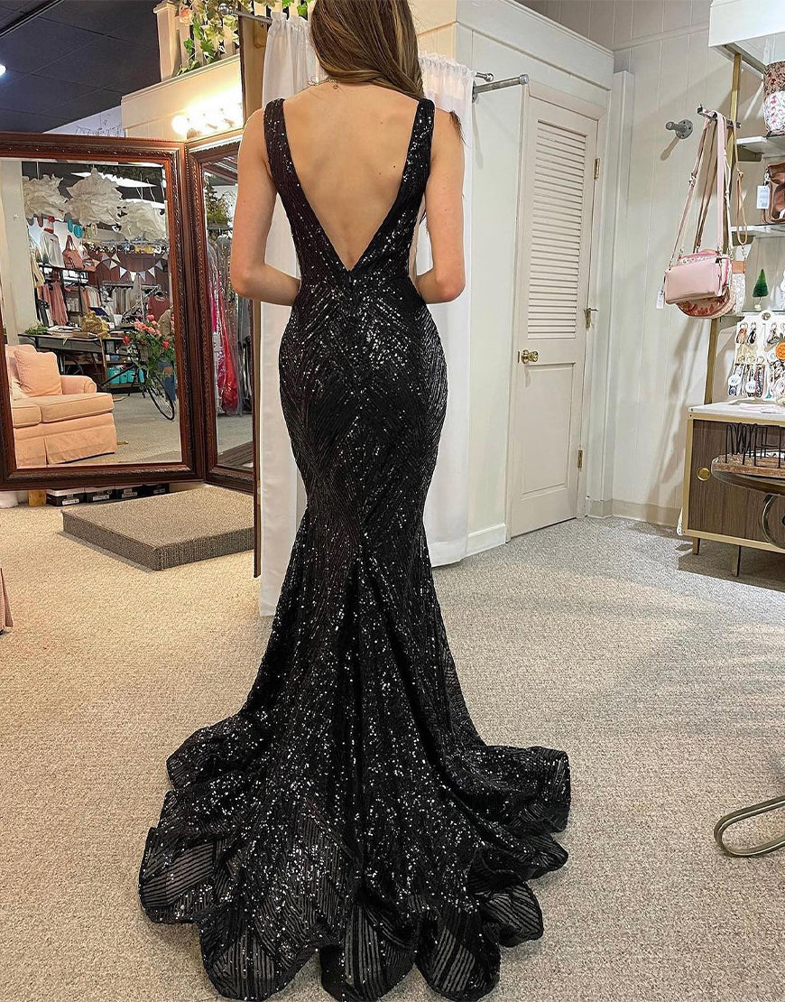 Luolandi Unique Long Mermaid Black Prom Dress V-neck Open Back Sexy Evening Dresses Sparkly