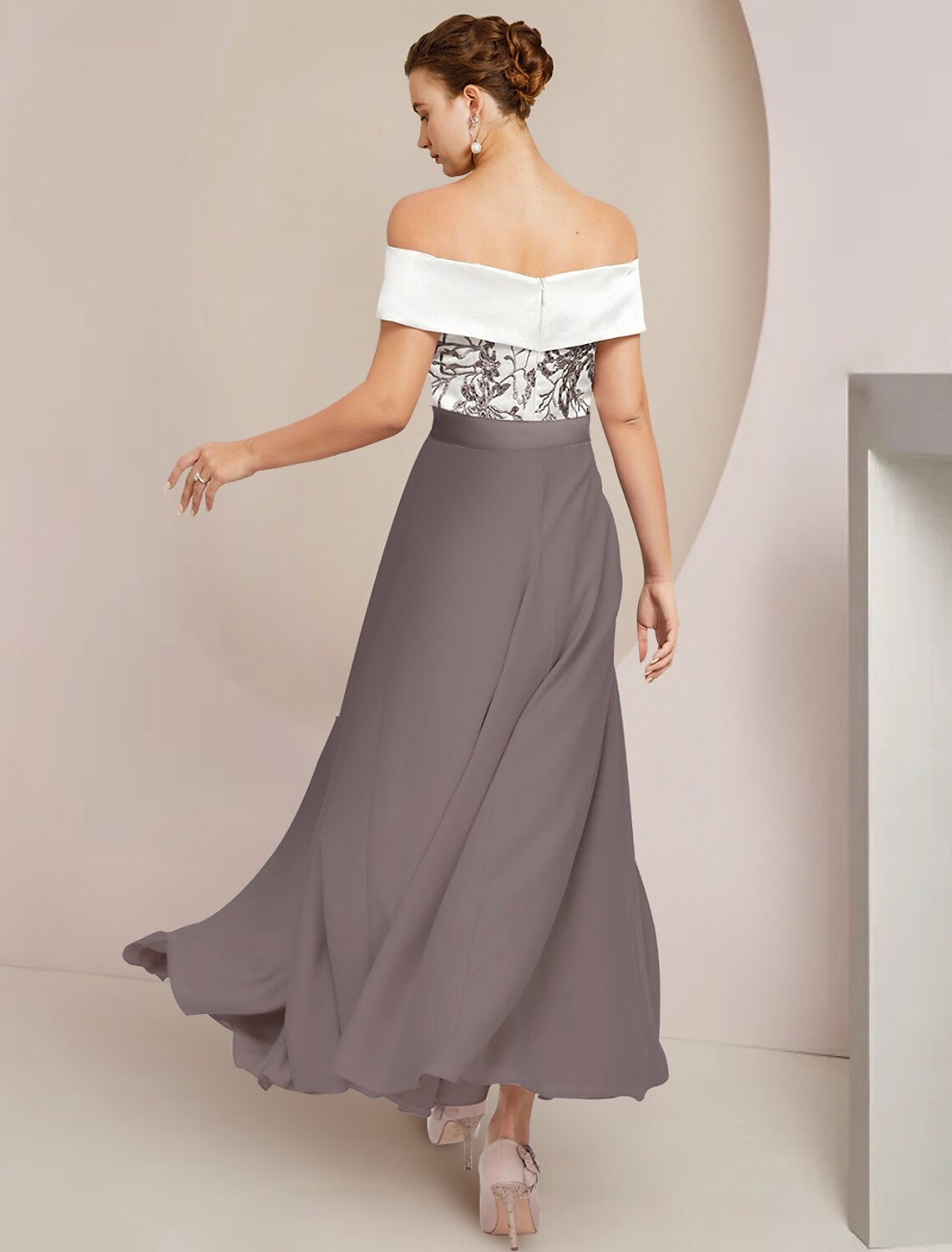 Luolandi A-Line Mother of the Bride Dress Wedding Guest Elegant Off Shoulder Ankle Length Short Sleeve with Appliques