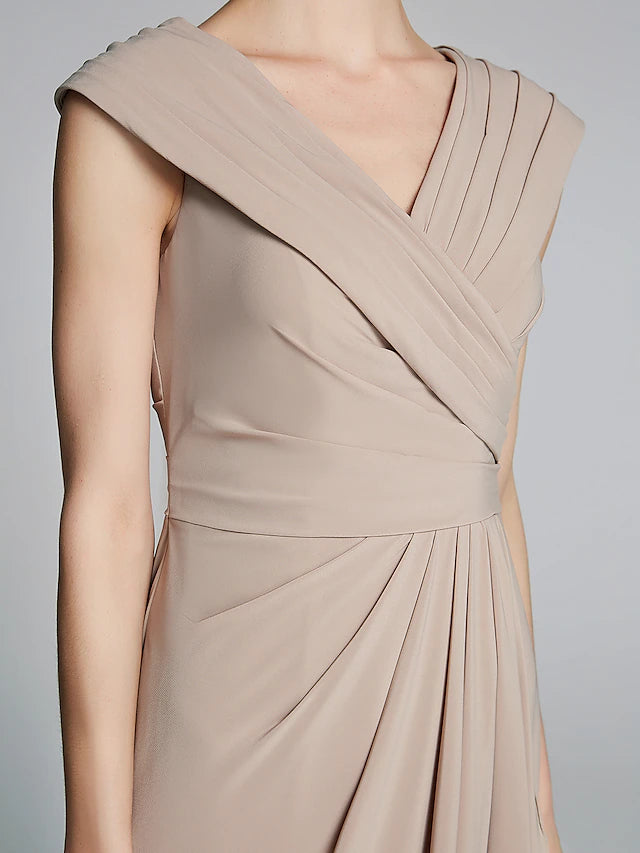 Luolandi Sheath / Column Mother of the Bride Dress Elegant V Neck Floor Length Jersey Short Sleeve