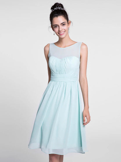 A-Line Bridesmaid Dress Scoop Neck Sleeveless Knee Length Chiffon with Ruched / Draping A-Line Bridesmaid Dress Scoop Neck Sleeveless Knee Length Chiffon with Ruched Pure Color