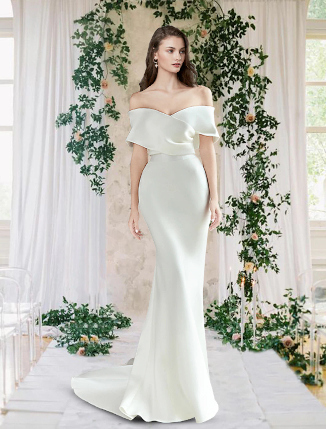 Luolandi Hall Casual Wedding Dresses Sheath / Column Off Shoulder Cap Sleeve Chapel Train Satin Bridal Gowns