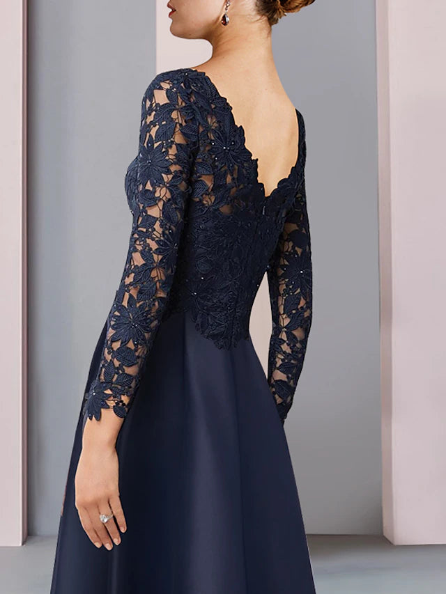 Luolandi A-Line Mother of the Bride Dress Formal Wedding Guest Elegant High Low V Neck Asymmetrical Tea Length Satin Lace Long Sleeve with Pleats