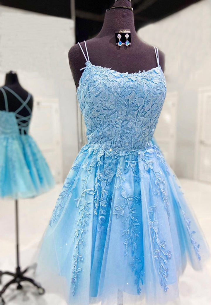Luolandi Blue Tulle Short Prom Dresses A-Line Lace Evening Dresses Homecoming Dresses