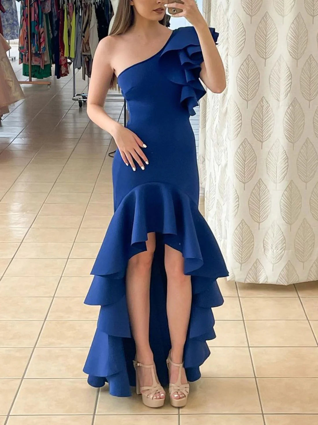 Luolandi Royal blue satin one shoulder long prom dress cocktail dress Formal Dress Elegant Evening Dress