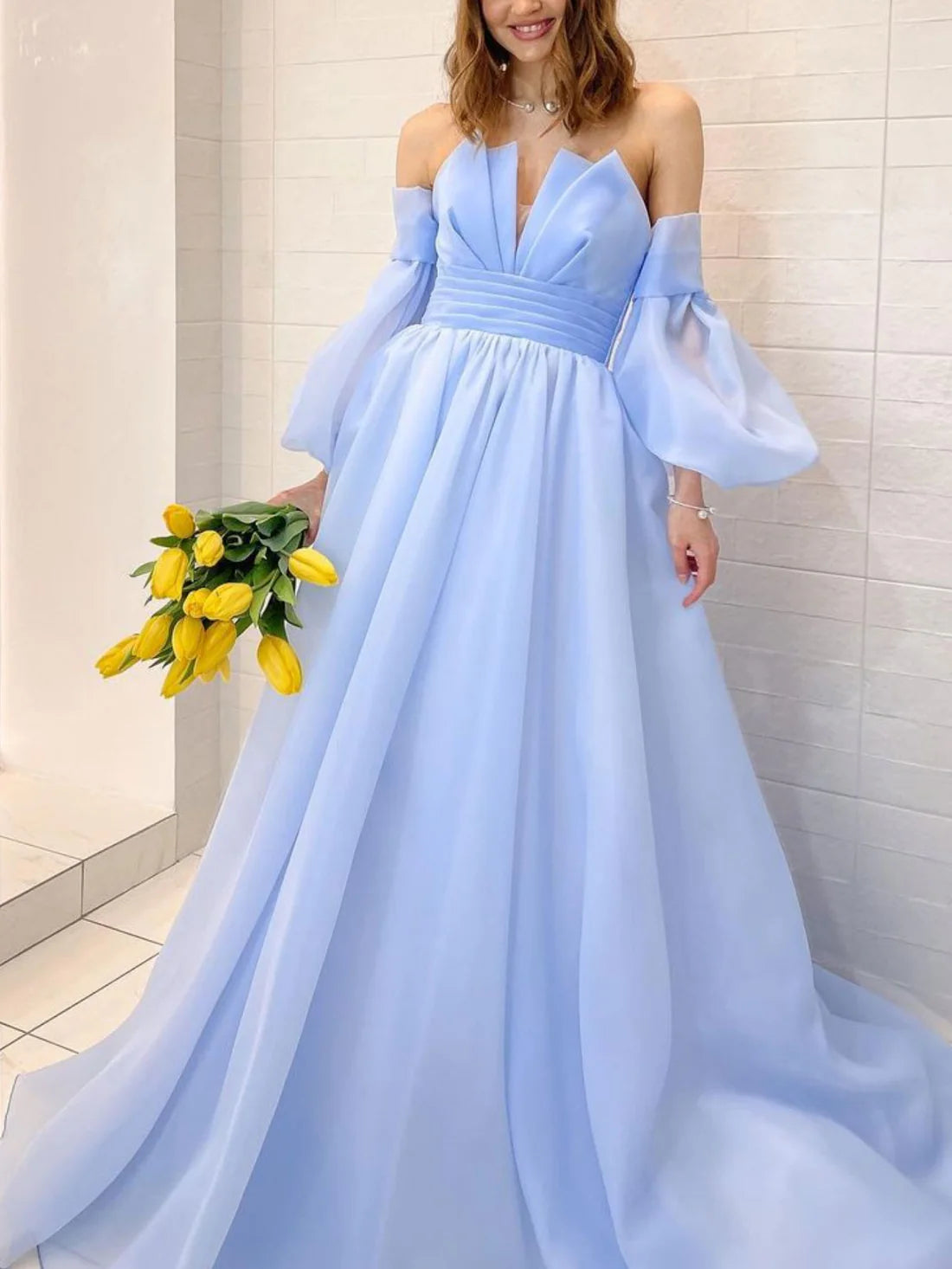 Luolandi Aline Organza blue long prom dress puff sleeves blue long formal party dress Off Shoulder Elegant Evening Dress