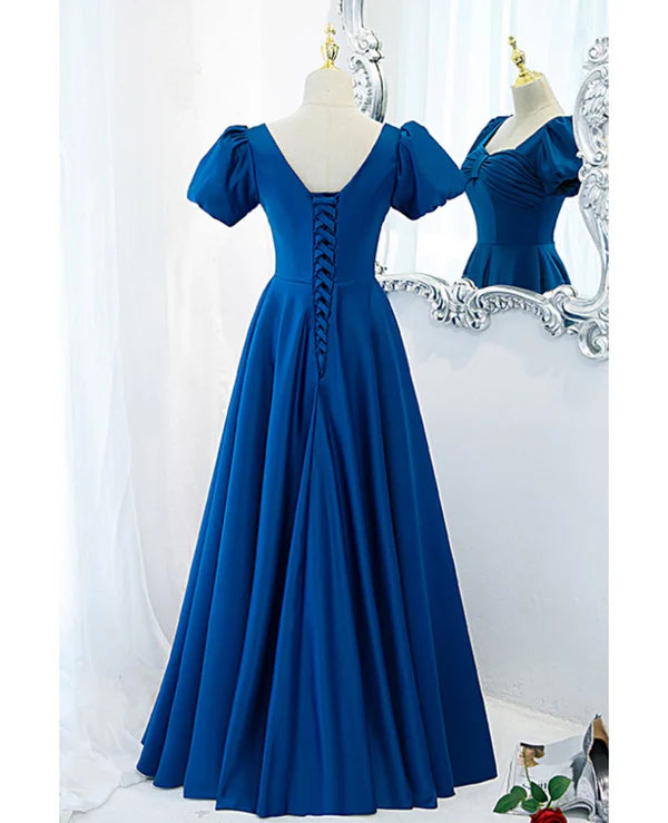 Luolandi Noble and elegant blue satin retro square neck short sleeved ball dress backless strap and floor length evening dress