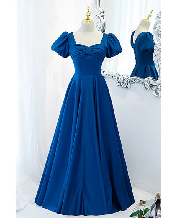 Luolandi Noble and elegant blue satin retro square neck short sleeved ball dress backless strap and floor length evening dress