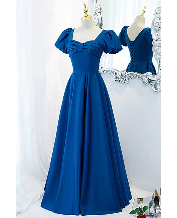 Luolandi Noble and elegant blue satin retro square neck short sleeved ball dress backless strap and floor length evening dress