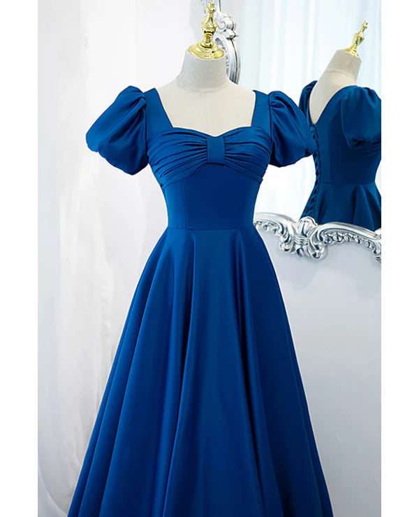 Luolandi Noble and elegant blue satin retro square neck short sleeved ball dress backless strap and floor length evening dress