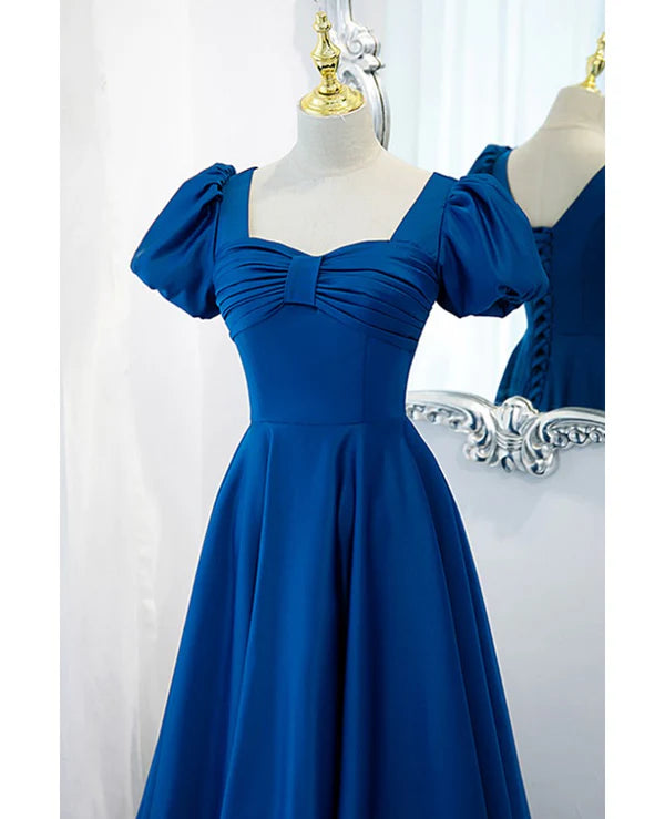 Luolandi Noble and elegant blue satin retro square neck short sleeved ball dress backless strap and floor length evening dress