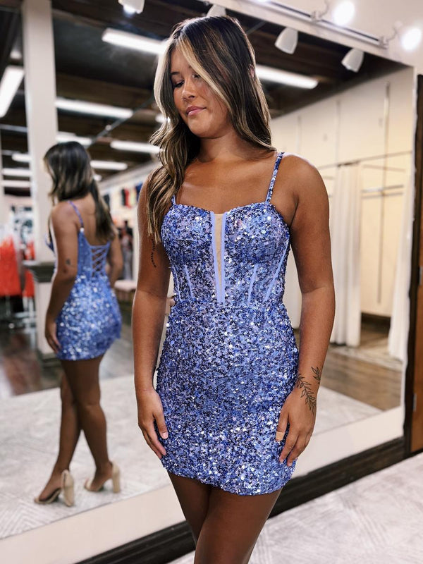 Luolandi Blue Sequin Scoop Neck Lace-Up Short Tight Homecoming Dress Sparkly Party Dress